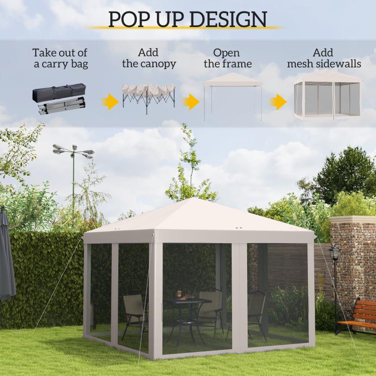 Beige pop-up canopy tent with peaked roof and open sides with dark netting