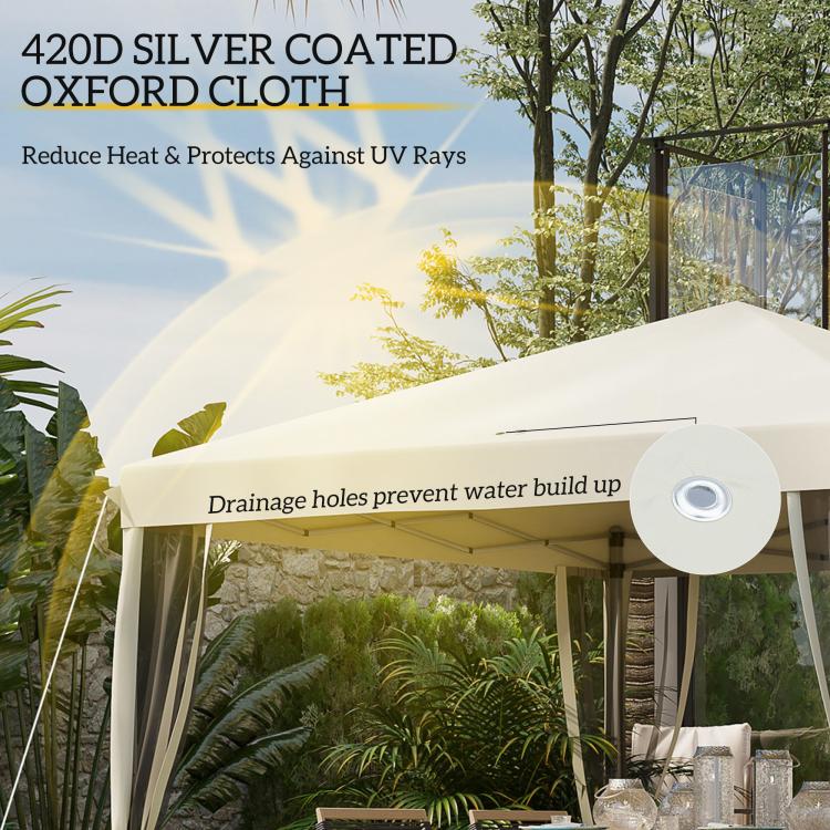 Beige pop-up canopy tent roof with four poles and dark netting side panels