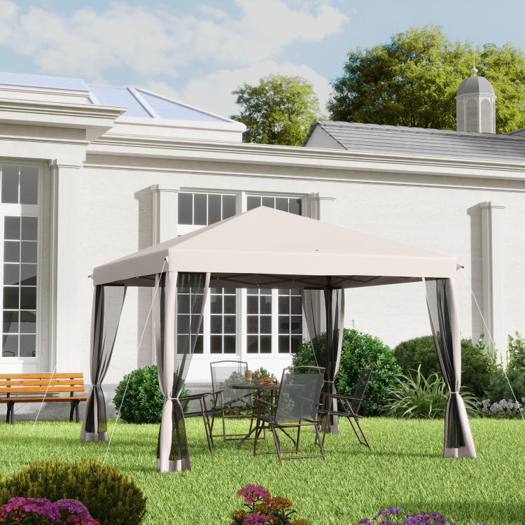 Beige pop-up canopy tent with dark netting curtains and open front