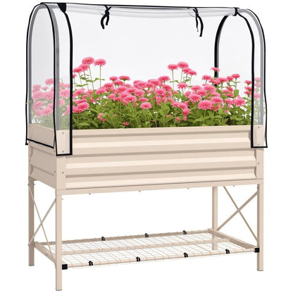 Cream raised garden bed with clear protective cover, metal legs, bottom shelf