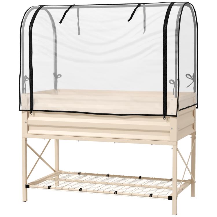 Cream elevated planter box with clear zip cover and bottom shelf, metal frame