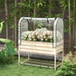Raised garden bed with cream frame and clear roll-up cover, standing on legs