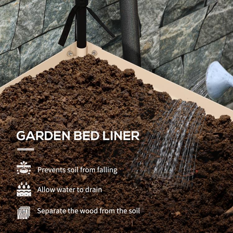 Garden bed liner with soil filling inside an elevated planter box