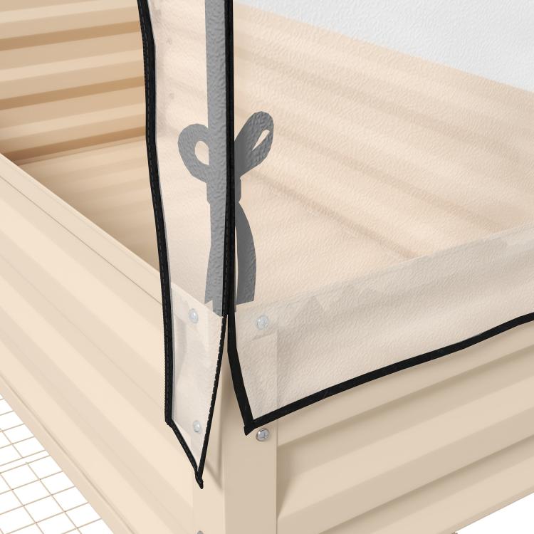 Close-up of corner support hardware on cream raised garden bed frame