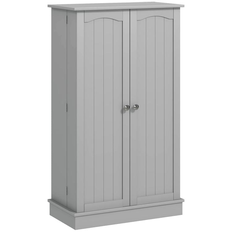Gray freestanding pantry cabinet with two paneled doors and sturdy base