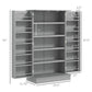 Gray pantry cabinet interior layout with tiered shelves and front dimensions