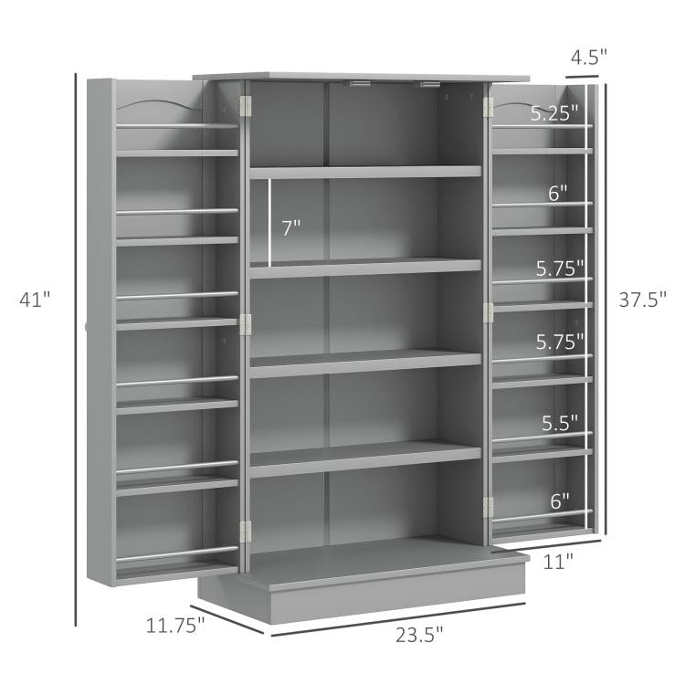 Gray pantry cabinet interior layout with tiered shelves and front dimensions