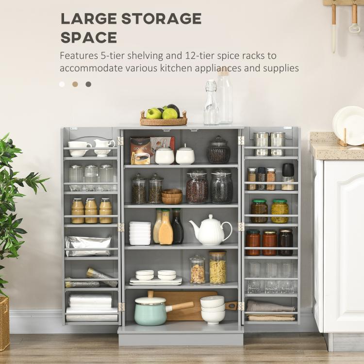 Gray kitchen pantry cabinet with double doors open and five-tier shelving
