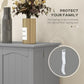 Gray pantry cabinet with anti-tip strap at the base and wall anchor