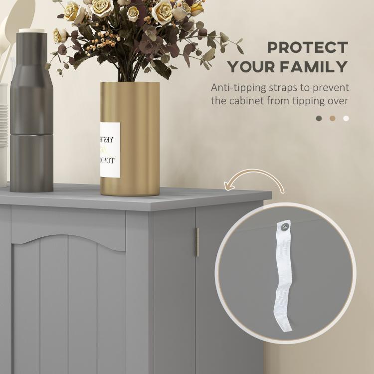 Gray pantry cabinet with anti-tip strap at the base and wall anchor
