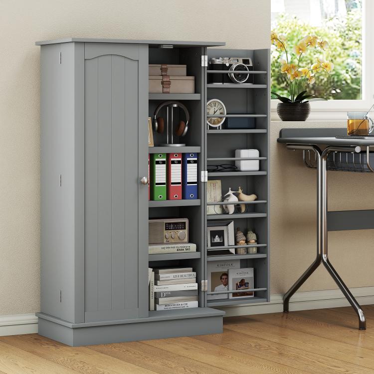 Gray pantry cabinet with one door open and shelves holding kitchen supplies