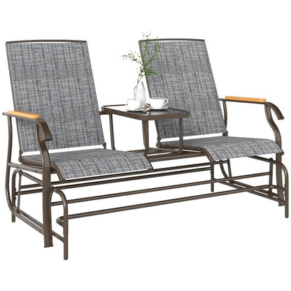 Gray 2-person outdoor glider bench with textured mesh seats and attached middle table