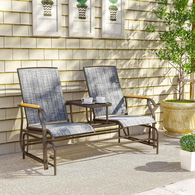 Gray fabric outdoor glider loveseat bench with side table and steel frame