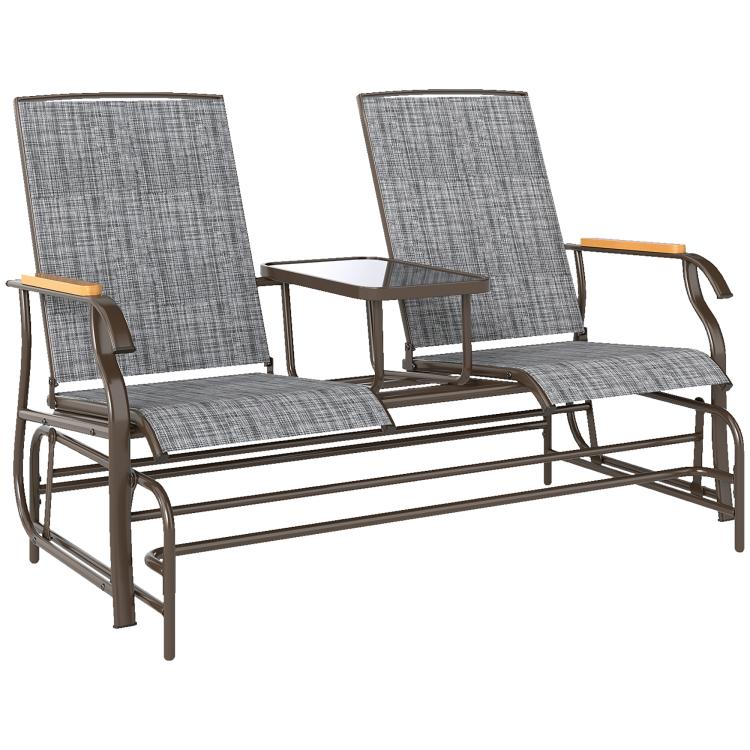 Gray outdoor glider loveseat bench with two cushions, side table, steel frame