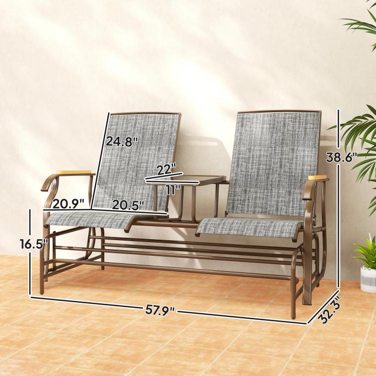Gray 2-person glider bench with middle table and brown frame, shown with dimensions