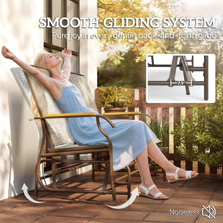 Gray outdoor glider chair loveseat with smooth sliding motion and middle table