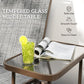 Tempered glass top middle table on gray glider bench with brown metal frame
