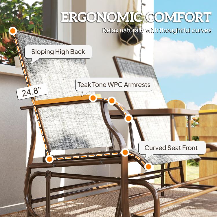 Gray glider bench with ergonomic curved seat and high back design, brown arms