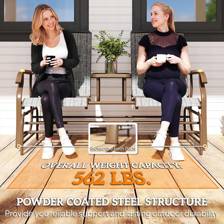 Gray outdoor glider loveseat bench with powder-coated steel frame and protective foot pads