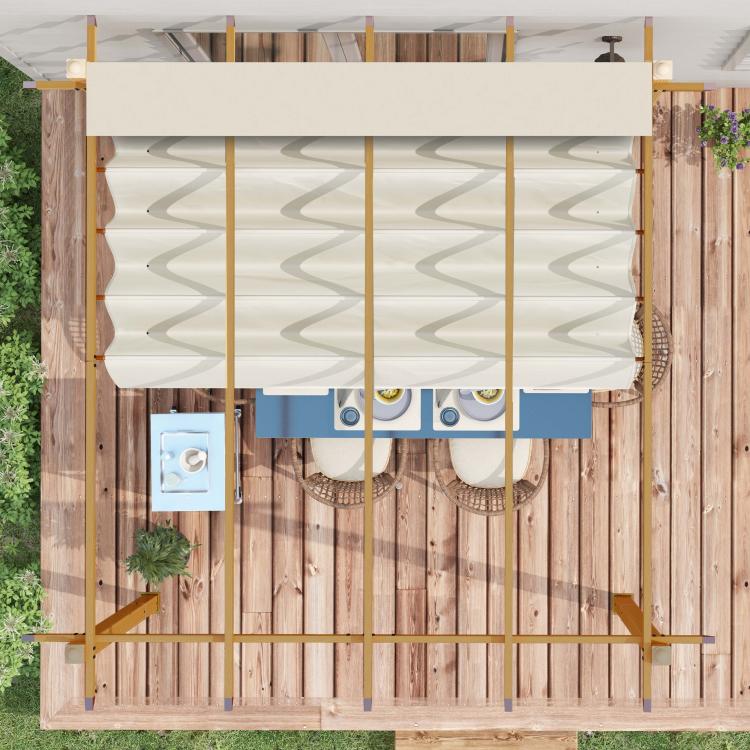 Retractable pergola canopy with cream fabric panels on a wooden frame