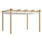 Retractable pergola canopy with beige top rails and posts, shown unfolded