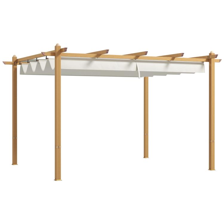 Retractable pergola canopy with beige top rails and posts, shown unfolded