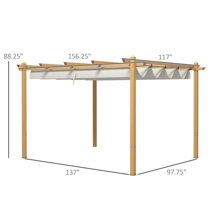 Retractable pergola canopy dimensions view with cream fabric and wood-grain frame