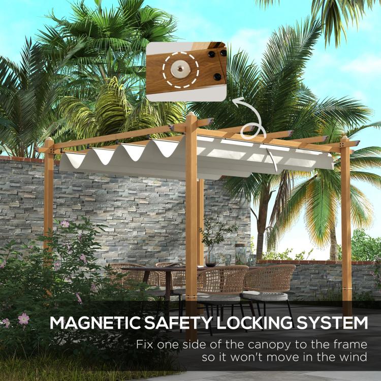 Retractable pergola canopy with cream fabric and wood-grain aluminum frame