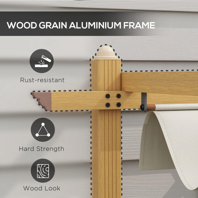 Wood-grain aluminum pergola canopy corner joint with rolled fabric edge