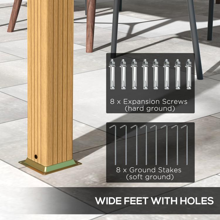 Pergola canopy wide feet with holes and included hardware for anchoring