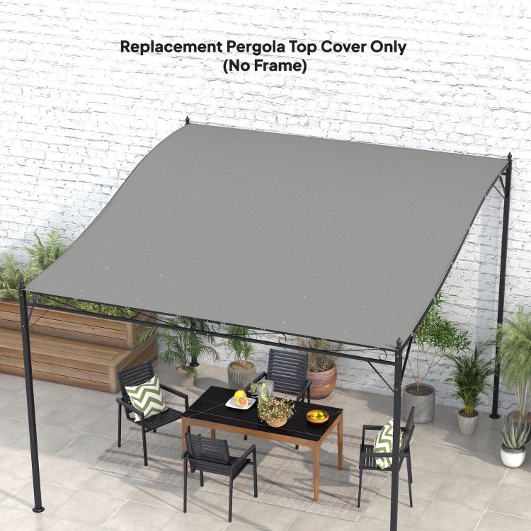 Dark gray pergola top shade cover with side ties and grommet points on a square canopy