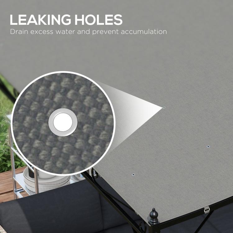 Dark gray canopy fabric with round eyelet opening and reinforced patch detail