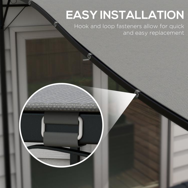 Dark gray pergola canopy top cover showing hook-and-loop fastener close-up