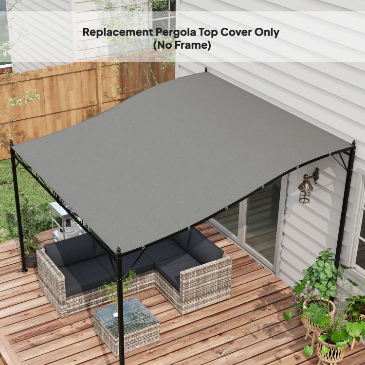 Dark gray replacement pergola top canopy cover installed over outdoor seating area