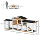 Rabbit hutch with two side runs, wooden ramp, and white wire mesh, with dimension view