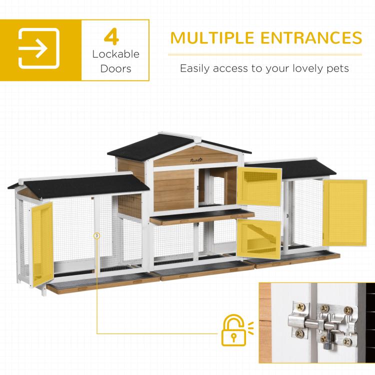 Rabbit hutch with multiple lockable doors on the side run sections and central house