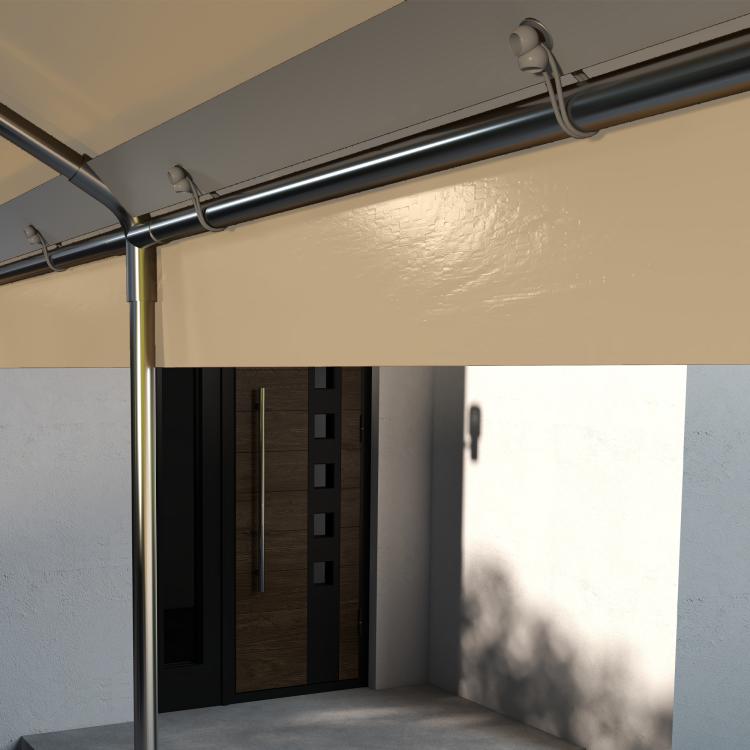 Beige carport canopy roof replacement with metal frame, underside view