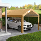 Beige carport canopy cover over vehicles with metal support posts