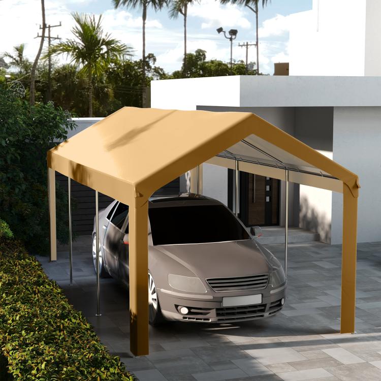 Beige carport canopy cover with slanted roof and metal frame