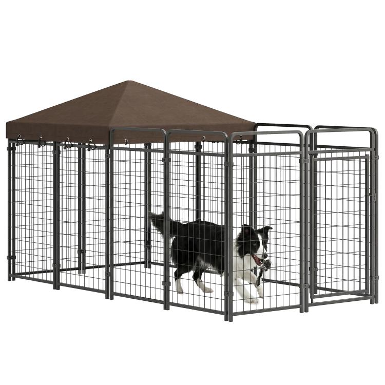 Outdoor dog kennel with steel wire panels and brown waterproof canopy, side view with dogs
