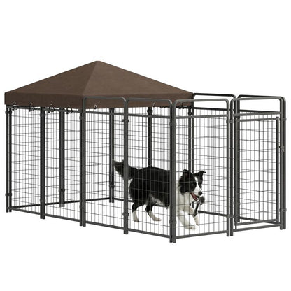 Outdoor dog kennel with steel wire panels and brown waterproof canopy, side view with dogs