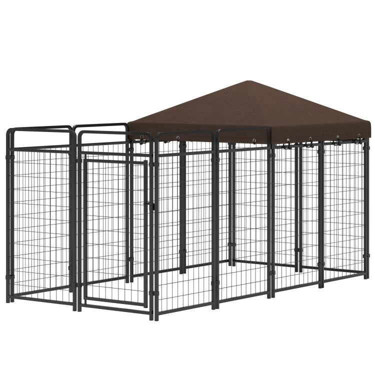 Outdoor dog run kennel with steel wire mesh sides and brown top canopy, wide angle