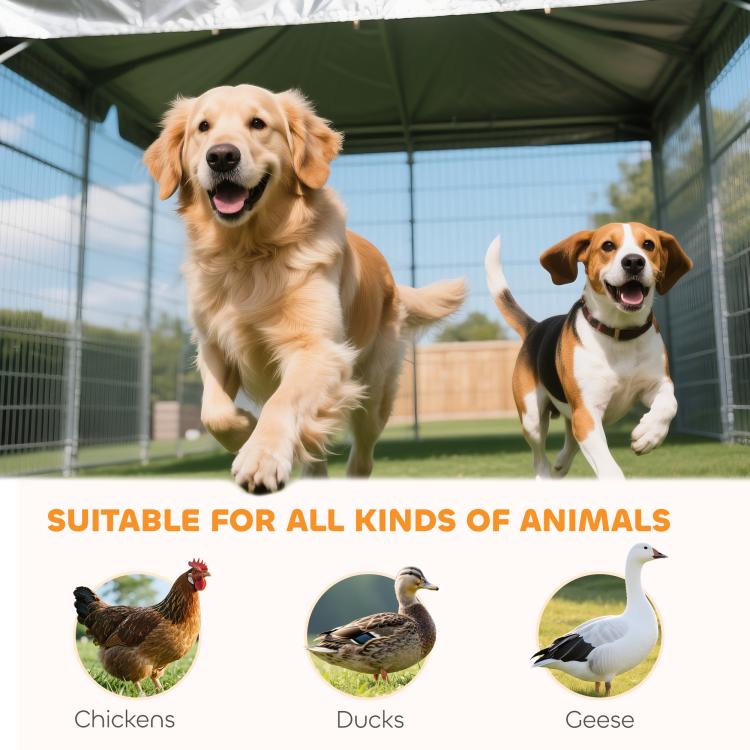Outdoor dog kennel with waterproof canopy and chain-link panels, shown with two dogs