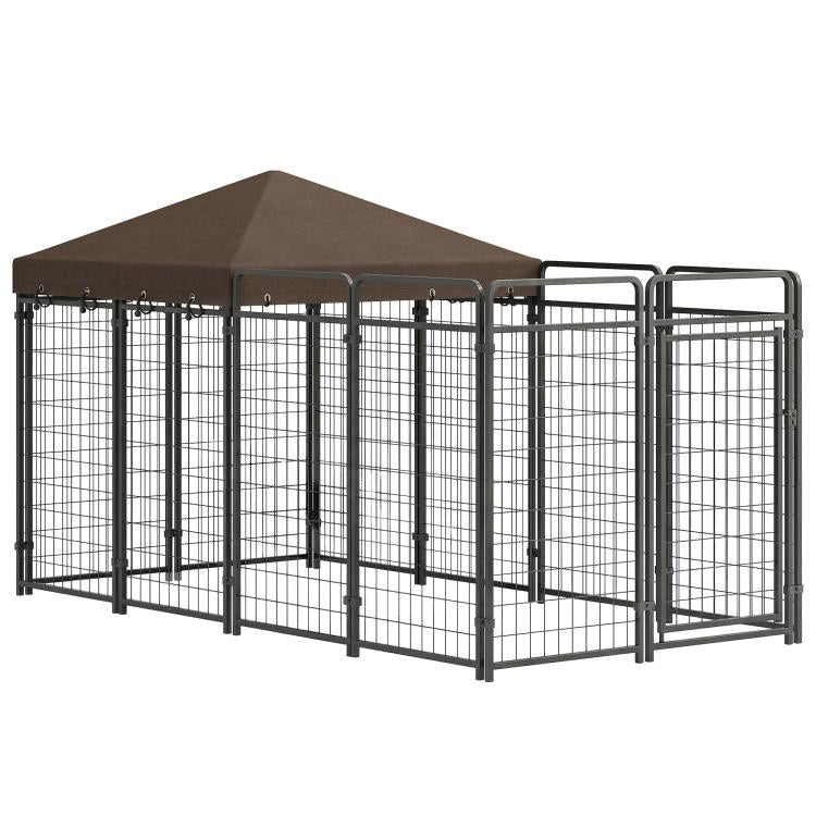 Outdoor dog kennel run with waterproof canopy and metal chain-link panels