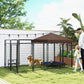 Outdoor dog kennel with brown canopy roof and steel mesh panels, with two dogs and people