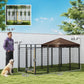 Outdoor dog kennel with brown waterproof canopy and steel mesh, size view with measurements