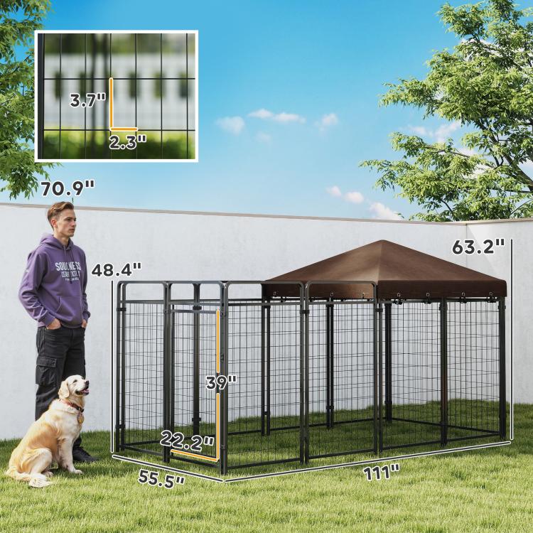 Outdoor dog kennel with brown waterproof canopy and steel mesh, size view with measurements