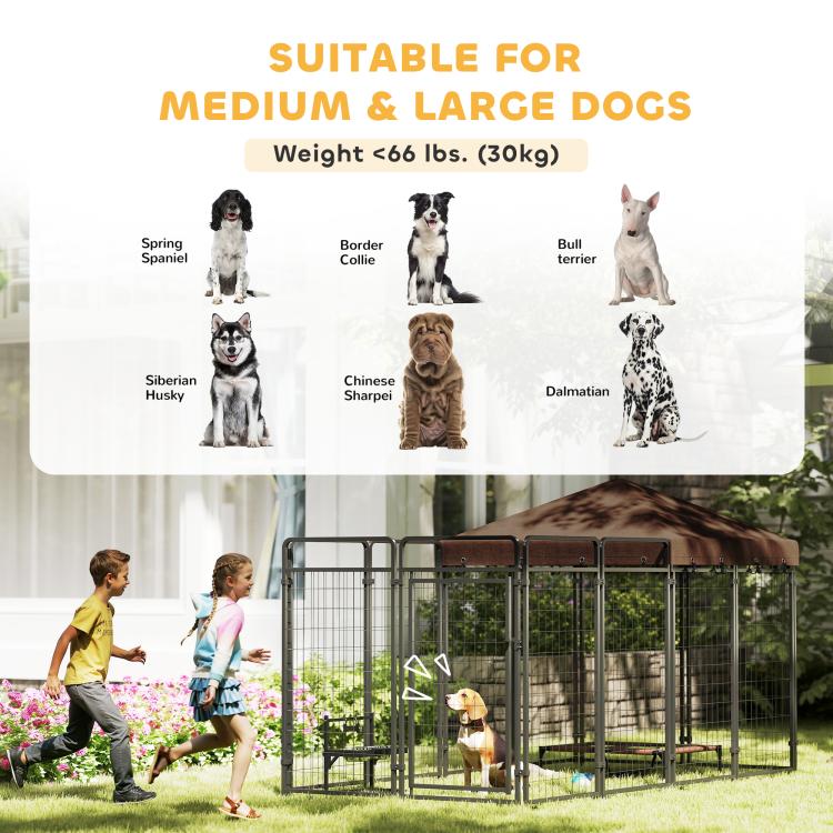 Outdoor dog kennel with brown canopy and steel wire mesh, shown with dogs of different sizes