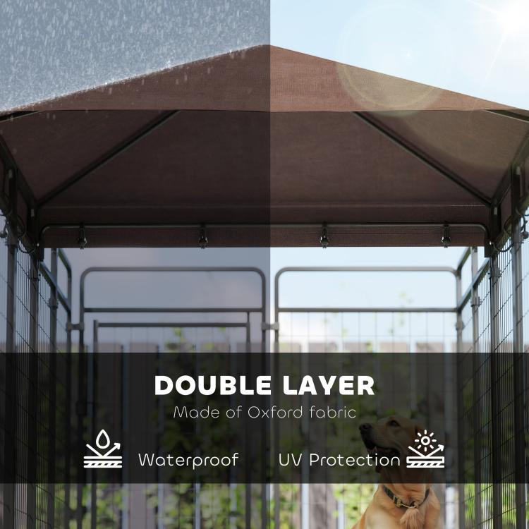 Dog kennel roof detail with brown double-layer canopy and steel wire mesh panels