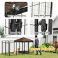 Dog kennel hardware detail: spring button clip, metal pipe, steel mesh, door with lock
